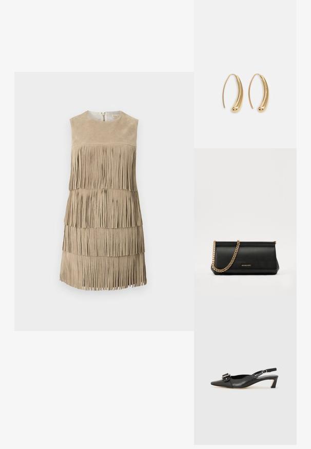 Bež usnjeni plašč z večplastnim robom. Okrogla odprtina z zadrgo na hrbtu. Gladka tekstura, dolžina nad kolenom.; Črne usnjene slingback čevlje z ostrim nosom, majhnim petam in dekorativno sponko na zgornjem delu. Gladka tekstura, minimalistična zasnova.; Črna usnjena torbica z zlatim verižnim trakom, z gladko teksturo, pravokotno obliko in embosiranim logotipom spredaj.; Zlato-tonirani kovinski uhani v obliki obroča s krivuljo in podolgovato obliko. Imajo gladko, sijočo površino in zaobljen vrh za dodaten detajl.