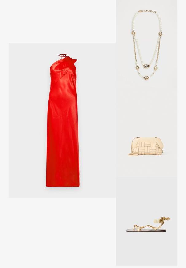 Robe maxi en satin rouge avec une épaule dénudée, design asymétrique et texture lisse. Présente un détail de nouage au niveau du col.; Sandale plate avec une finition métallisée dorée, des fines sangles et une fermeture à lacets. La semelle est en cuir brun avec un design minimal.; Sac à main tissé beige avec un design structuré, présentant un dessus lisse et une longue bandoulière. Des détails texturés rehaussent l'apparence générale.; Collier de perles avec des accents en or, comprenant trois montures ornées de gemmes et une section en chaîne tressée. La palette de couleurs inclut le blanc et l'or.