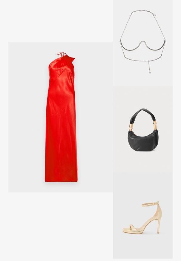 Piros szatén maxi ruha egy vállpánttal, aszimmetrikus kialakítással és sima textúrával. Nyakban megkötős részlet található.; Arany fémes, magas sarkú szandál nyitott orral, bokapánttal és csattal, valamint emelt talppal a magasabb magasságért. Simaság érzet.; Fekete bőr kézitáska kerek formával, puha textúrával és csomózott fogantyúval, aranyszínű fém díszítéssel. Cipzáras záródás.; Cult Gaia ASHA BODY JEWELRY - Egyéb tartozékok - bright shiny silver-coloured