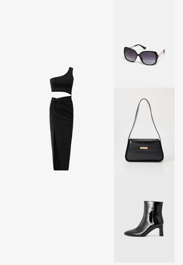 Zwart twee-delig outfit met een één-schouder crop top en hoge taille rok met een gedraaide detail en een zijsplit. Glad materiaal.; Zwarte gepolijste leren enkellaars met een spitse neus en een blokhak van gemiddelde hoogte. Glad textuur en minimalistisch ontwerp.; Zwarte oversized zonnebril met gradient glazen, dikke montuur en gouden kettingdetails op de pootjes.; Zwarte leren handtas met een gestructureerde driehoekige vorm, slanke schouderband en hardware in goudkleur met een logo plaatje op de voorflap.