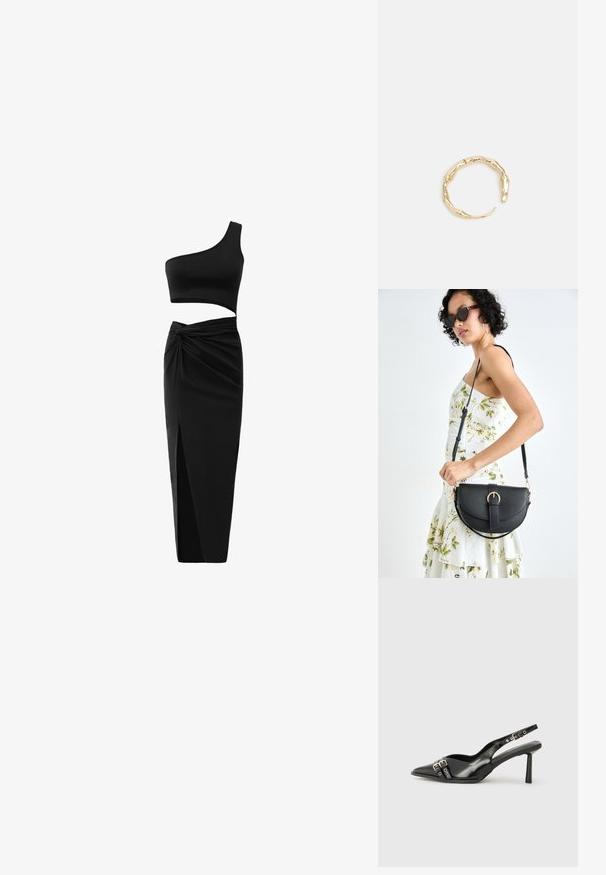 Svart tvådelad outfit bestående av en axel crop top och högmidjad kjol med tvistsdetalj och sidofåra. Slätt tyg.; Svart lackläder slingbacksko med spetsig tå, ankelremmar med silverfärgade spännen och detaljer samt en smal klack.; Svart läderhandväska med en böjd form, avtagbar rem och guldiga detaljer. Väskan har ett lock med en spänndetalj.; Ring i guldutförande med en organisk, vriden design, slät yta och avsmalnande ändar, vilket ger ett modernt, skulpturalt utseende.