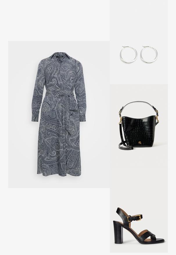 Vestido de manga longa em azul marinho com padrão em paisley branco, apresentando um colarinho e um cinto amarrado na cintura para ajuste.; Sandálias de salto alto em couro preto com design de tiras cruzadas e fecho com fivela. Apresentam um salto robusto e textura suave.; Bolsa de pele corcunda preta com textura de crocodilo, formato curvo, detalhes em metal dourado, alça ajustável e logotipo na parte da frente.; Brincos de argola prateados com um design suave e arredondado, apresentando um perfil fino e um fecho seguro. Estilo minimalista com um acabamento polido.