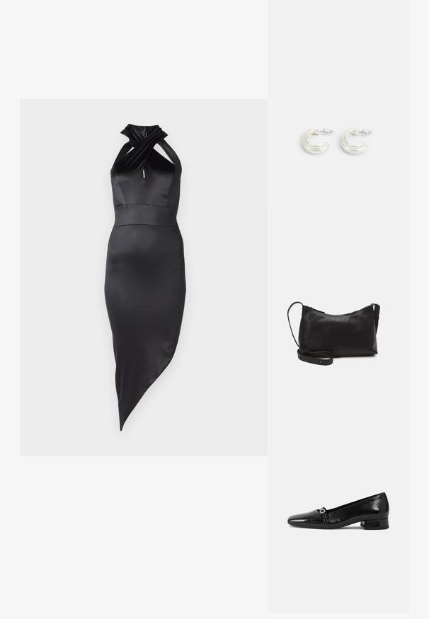Fekete selyemhalvány, nyakpántos ruha csavart nyakkivágással, testhez simuló sziluettel és aszimmetrikus aljjal, sima, elegáns textúrával.; Fekete lakkbőr balettcipők hegyes orral, alacsony négyzet alakú sarokkal és kis fém csattal a pánton. Simább textúra.; Fekete bőr válltáska sima felülettel, ívelt formával, állítható pánttal és cipzáras záródással. Minimalista dizájn díszítmények nélkül.; Ezüst színű fülbevalók csavart karika dizájnnal, textúrált felülettel és bordázott részletekkel, amelyeket poszt zár biztosít.