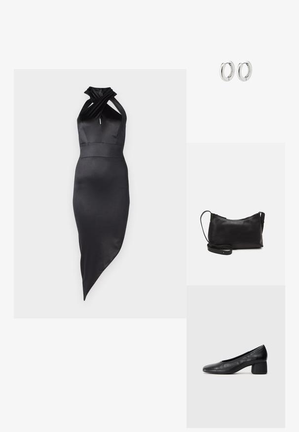 Crna saten halter haljina s uvrnutim izrezom, prilagođenim siluetom i asimetričnom rubom, koja se odlikuje sjajnom, glatkom teksturom.; Crna kožna pumpica s okruglim vrhom i srednje blok petom. Glatka tekstura s minimalnim detaljima, s suptilnim elastičnim otvaranjem.; Crna kožna torba na rame s glatkom teksturom, zakrivljenim oblikom, podesivim remenom i zatvaranjem na patentni zatvarač. Minimalistički dizajn bez ukrasa.; Srebrne kružne naušnice s poliranim završetkom, koje imaju kružni dizajn i bešavne šarke, prikazujući glatku teksturu.