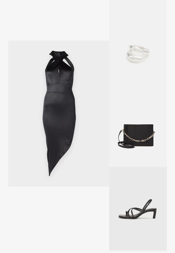 Čierne saténové šaty s halter výstrihom, s twistovaným dekoltom, priliehavým strihom a asymetrickým lemom, s hladkou a jemnou textúrou.; Čierne sandále na vysokom podpätku so štvorcovou špičkou a nízkym blokovým podpätkom. Obsahujú viacero tenkých popruhov a nastaviteľný členkový popruh. Vyrobené z hladkej kože.; Čierna kožená crossbody taška s hladkou textúrou, obdĺžnikovým tvarom a kovovým reťazovým detailom na prednej strane. Súčasťou je nastaviteľný popruh.; Strieborný prsteň s dvojitým pásikom s hladkým, lesklým povrchom. Má plynulý, zakrivený dizajn s prekryvajúcimi sa časťami pre moderný vzhľad.