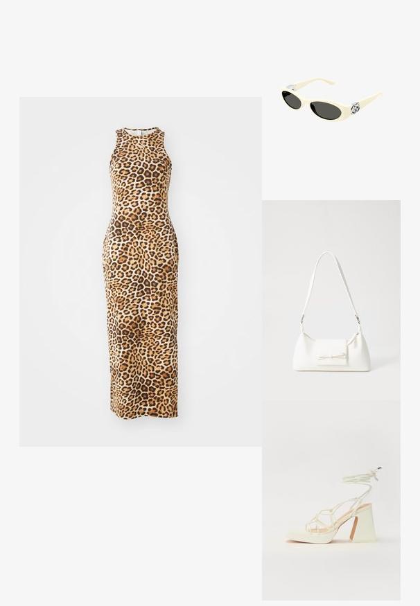 Leopardi mustriga maxi kleit ilma varrukateta disainiga, hästi istuv siluett ja ümar kaelus. Valmistatud pehmest ja venivast kangast.; Valged kõrge kontsaga sandaalid, millel on paks konts ja rihmadega disain koos pahkluu sidumisega. Sile tekstuur ja platvorm ees, et lisada kõrgust.; Kreemivärvi prillid ovaalsete läätsede, musta tooniga ja metallist logo detailidega templites. Sile tekstuur, kiisasilma disain.; Valge sünteetilisest materjalist kott kolmnurkse kujuga, lame esiklapiga ja kaaredetailiga, reguleeritava rihmaga, sileda tekstuuriga ja minimalistliku disainiga.