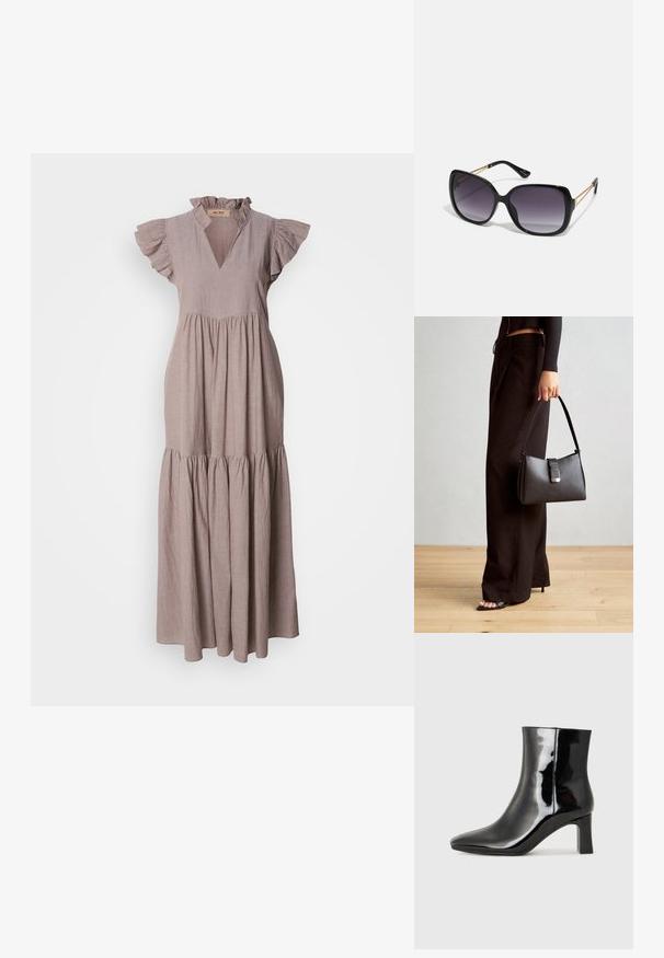 Maxikjole i lys taupe linned, med rynket halslinje, korte ærmer og en tiered skørt design for en flydende silhuet.; Sorte patentlær ankle boot med spiss tå og en mellomhøy blokkhelt. Glatt tekstur og minimalistisk design.; Sorte oversized solbriller med gradient linser, tykke rammer og detaljering med gulltonekjede på tempelarmene.; Svart håndveske med strukturert form, jevn tekstur og metallisk lås. Kombinert med brede svarte bukser og sandaler med åpen tå på tregulv.