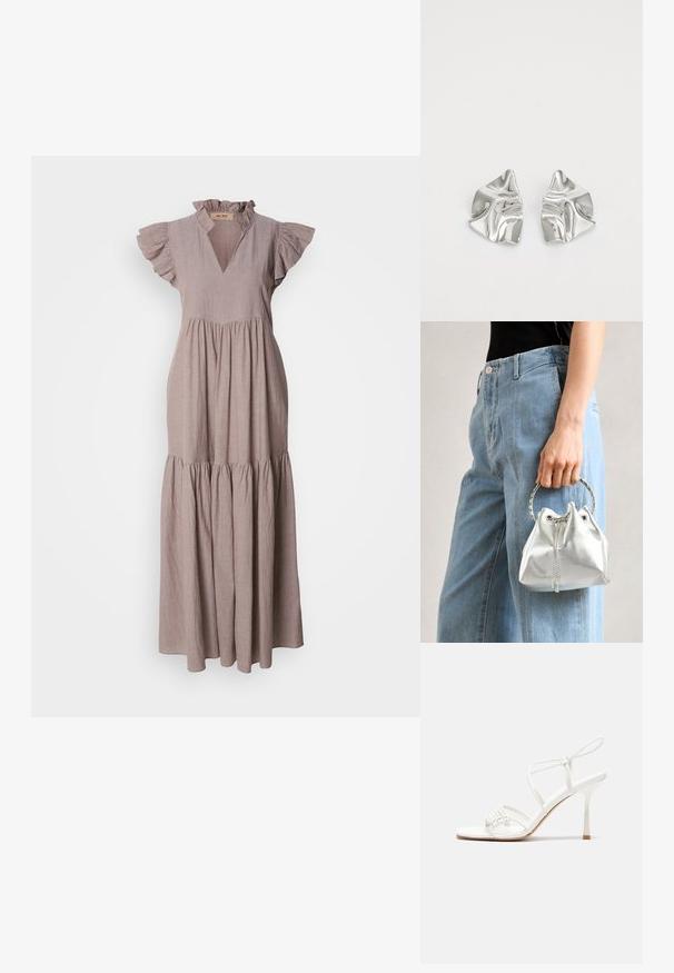 Maxikjole i lys taupe linned, med rynket halslinje, korte ærmer og en tiered skørt design for en flydende silhuet.; Hvit stroppesandale med høy hæl og flatt tåfeste, teksturert front med rynkede detaljer, og en smal ankelreim.; Sølvfarget metallic bøtteveske med tekstur, dekorert med et rundt sølvhåndtak og snøring, holdt mot lyseblå jeans.; Sølvmetall øredobber med et bølgete, skulpturelt design, preget av en polert finish og uregelmessige former, som fremhever en moderne estetikk.