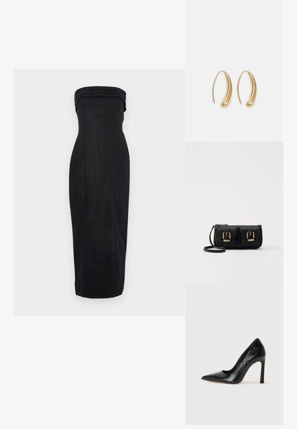 Juodas be petnešų suknelė su prigludusia siluetu, tekstūruotu audiniu ir tvirtu plisuotu dekolte. Midi ilgio, su lygiu finišu.; Juoda smailiakulnė aukšto kulno bateliai su krokodilo odos tekstūra, pasižymintys elegantišku dizainu, aukštu stiletu kulnu ir lygia juoda vidine dalimi.; Juodas odinis per petį nešiojamas krepšys su dviem priekiniais kišenėmis, auksiniais sagtimis, užtrauktuko uždarymu ir siauromis petnešomis. Textūruota paviršius ir kompaktiškas stačiakampis formatas.; Auksinės metalinės auskarų kabės su lenktą, pailgą forma. Turi lygų, blizgantį paviršių ir užapvalintą galiuką papildomam akcentui.