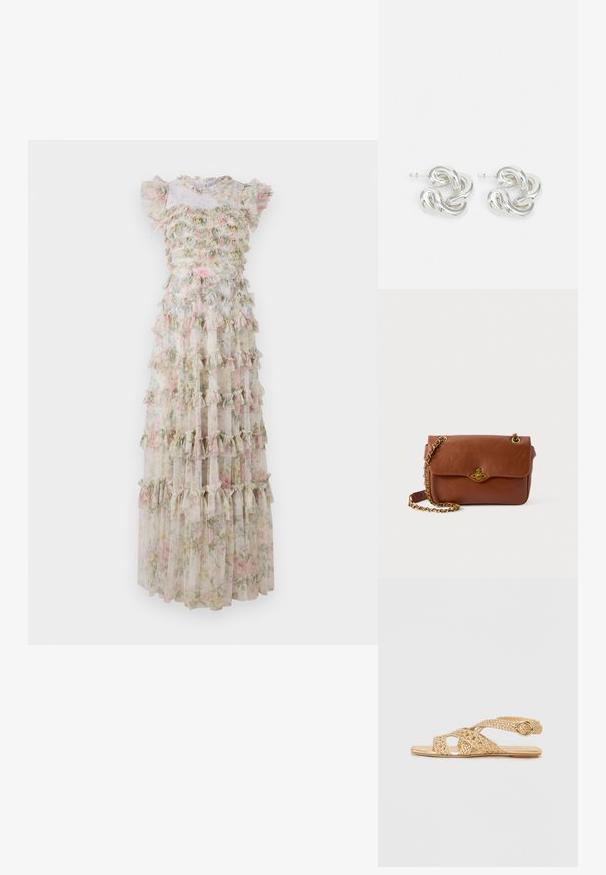 Maxi-mekko kukkakuosisena, valmistettu läpinäkyvästä kankaasta, jossa on röyhelökerroksia pastelväreissä. Tyylissä on lyhyet hihat ja istuva yläosa, jossa on röyhelökaulus.; Stuart Weitzman THEA - Sandaalit nilkkaremmillä - golden; Ruskea nahkainen olkalaukku, jossa on läppäkiinnitys, kultaiset yksityiskohdat ja ketjuhihna. Sileä pinta, suorakulmainen muoto, minimaalinen yksityiskohtaisuus.; Hopeat rengaskorvakorut, joissa on kierretty ketjudesign, sileä pinta ja heijastava viimeistely, kiinnitetään tappikiinnityksellä.