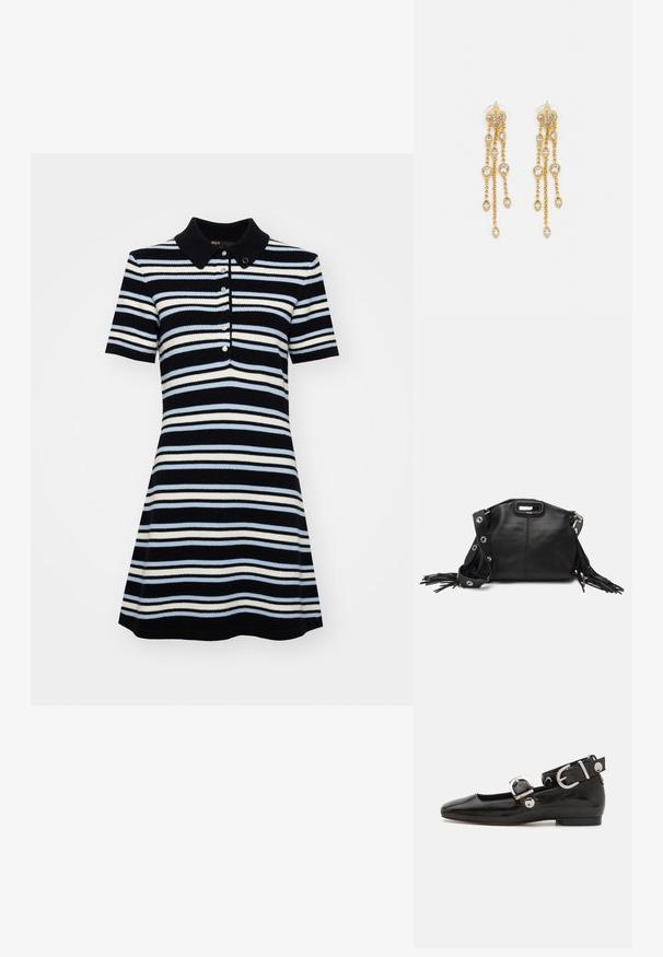 Kortermet polo kjole med tettsittende overdel og flagrende skjørt, i marineblå, lyseblå og hvite horisontale striper, samt tre knapper.; Sorte lakkderflat sko med firkantet tå, ankelstropp med sølvfarge detaljer, og flat såle. Glatt tekstur med minimalistisk design.; Maje MISS MINI - Skulderveske - noir; Gullfargede øreringer med flere hengende kjeder, med klare ovale rhinestein aksenter og dekorative stud-topper.