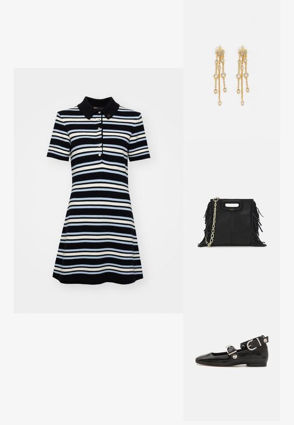 Rochie polo cu mânecă scurtă, cu un corp ajustat și fustă evazată, având dungi orizontale în nuanțe de navy, bleu deschis și alb, și trei nasturi.; Pantofii plano din piele patent neagră, cu vârful pătrat, curea de gleznă cu accesorii din argint și talpă plată. Textură netedă cu un design minimalist.; Geantă de mână din piele neagră cu detalii din franjuri, curea de umăr din lanț auriu și un mâner cu tăietură. Prezintă plasarea logo-ului pe față.; Cercei aurii cu multiple lanțuri suspendate, având accente din rhinestone ovale clare și capete decorative cu tighel.
