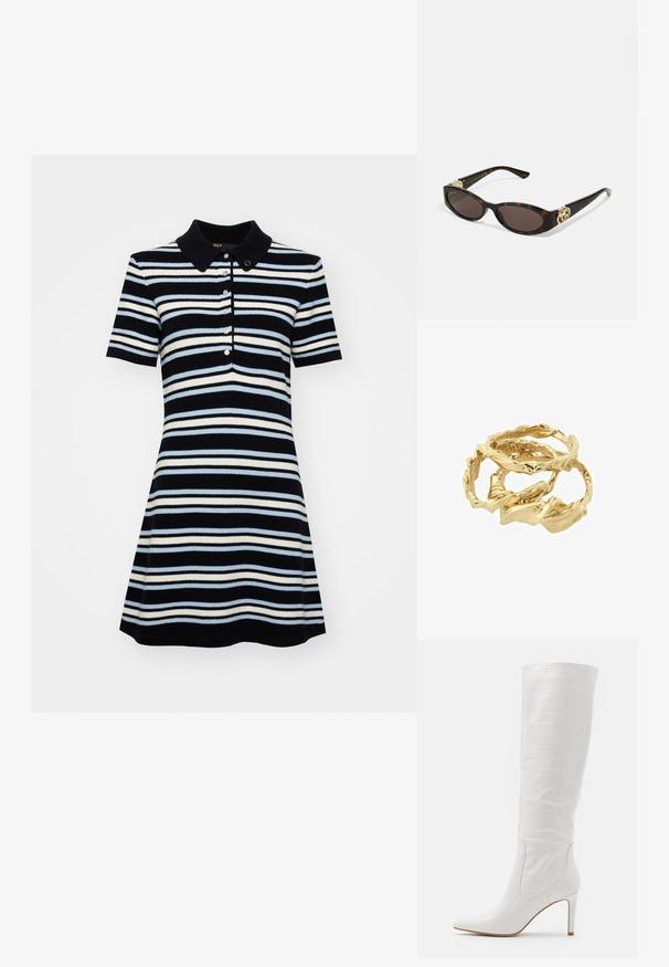 Sukienka polo z krótkim rękawem, dopasowanym górnym elementem i rozkloszowanym dołem, w poziome pasy w kolorze granatowym, jasnoniebieskim i białym, z trzema guzikami.; RAID TRIBUTE - Kozaki na obcasie; Słoneczne okulary w kolorze żółwi z wydłużonymi owalnymi soczewkami, brązowym odcieniem, złotymi akcentami logo na zausznikach oraz smukłymi czarnymi ramionami.; Złociste, skręcone pierścionki nałożone na siebie, o teksturowanym wzorze z gładkimi i zaokrąglonymi krawędziami, tworzącymi organiczny, płynący wygląd.