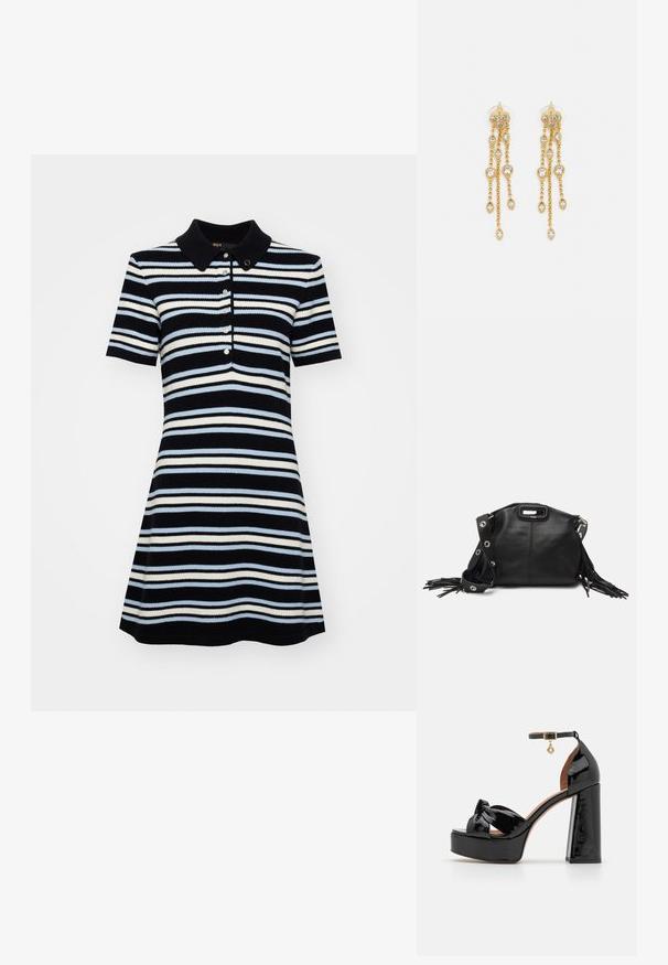 Abito polo a maniche corte con corsetto aderente e gonna svasata, caratterizzato da righe orizzontali navy, azzurro e bianco, e tre bottoni.; Maje Sandali con tacco - noir; Maje MISS MINI - Borsa a tracolla - noir; Orecchini dorati con molteplici catene a cascata, dotati di accenti in strass ovali trasparenti e parte superiore decorativa a perno.