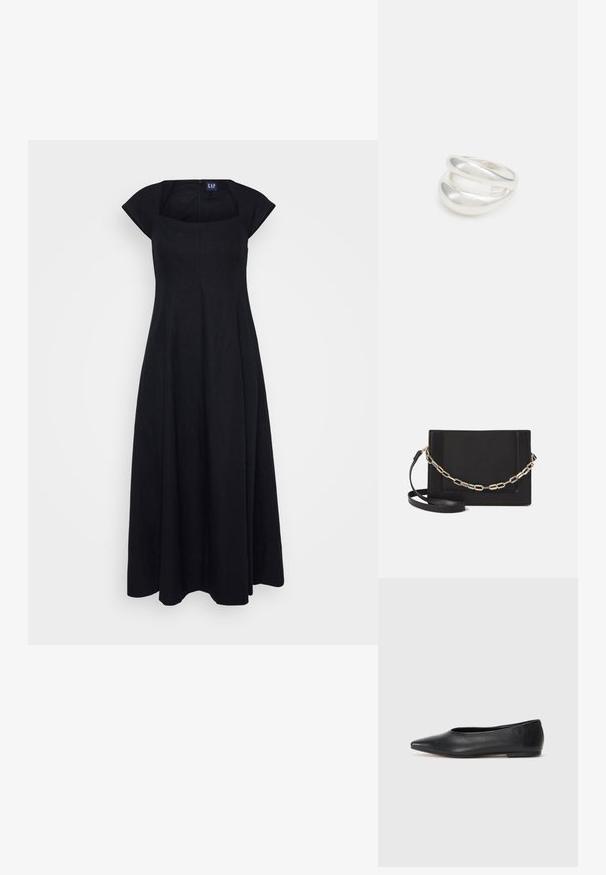 Crna lanena haljina s kvadratnim izrezom, kratkim rukavima i lepršavim dizajnom suknje. Ima zatvaranje na zipu na leđima.; Crne kožne balerinke, uski vrh, minimalistički dizajn, glatka tekstura, niska peta, bez vidljivih dodataka ili ukrasa.; Crna kožna torba preko tijela s glatkom teksturom, pravokutnim oblikom i metalnim lancem na prednjoj strani. Uključena je podesiva naramenica.; Srebrna dvostruka prsten s glatkom, poliranom površinom. Karakterizira ga fluidan, zakrivljen dizajn s preklapajućim sekcijama za moderan izgled.