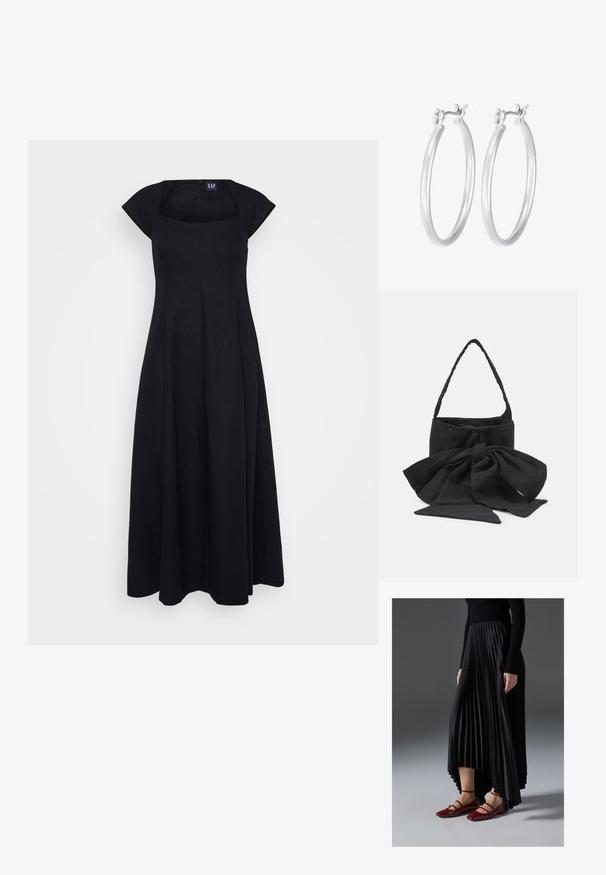 Mustalina linane kleit ruudu kaelusega, lühikeste varrukatega ja voolava seeliku disainiga. Omab tagumist lukku kinnitamiseks.; Mustmust seelik kõrgema ees- ja madalama taga servaga, kombineeritud läikivate punaste sussidega, millel on rihma kujundus. Kangas on sileda tekstuuriga.; Must mustrunn taaskotist must mustsuudmuus, ümmargune kuju, tekstureeritud pind väikeste mustritega ja üks õhuke käepide.; Hõbedased rõngaskõrvarõngad, millel on sile, läikiv viimistlus. Ümmargune kuju ja turvaline klõpsulatus. Kerge disain, sobib igapäevaseks kandmiseks.