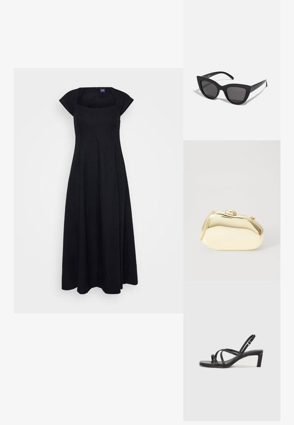 Melnas lins kleita ar kvadrātveida izgriezumu, īsām piedurknēm un plūstošu svārku dizainu. Iezīmē aizmugurējo rāvējslēdzēju aizdarei.; Melnas strappy sandales ar kvadrātveida purngaliem un zemu bloku papēdi. Ievērojamas ar vairākiem plāniem siksniņām un regulējamu potītes siksniņu. Izgatavotas no gludas ādas.; Melnas kaķa acs saulesbrilles ar matētu apdari, ar pelēkiem tonētiem stikliem, izteiktiem stūriem un elegantiem sānu rokturiem. Zīmola nosaukums redzams uz iekšējā roktura.; Metāliska zelta maciņš ar gludu, noapaļotu formu, aprīkots ar augšējo pogu aizdari un mazu ķēdes siksniņu ērtai nēsāšanai.