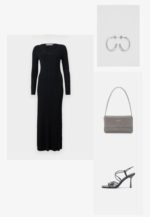 Vestido preto de malha canelada de mangas compridas com decote em V e silhueta ajustada, que se estende até os tornozelos. O material apresenta uma textura vertical.; As sandálias de salto alto pretas apresentam tiras finas com um design em nó, uma biqueira quadrada lisa e um elegante salto agulha.; Bolsa metálica cinza claro com uma alça de corrente, adornada com pequenos rebites metálicos circulares e um logótipo triangular da marca.; Brincos de argola prateados com um acabamento suave e brilhante. Forma arredondada, design leve, com fecho de pino.