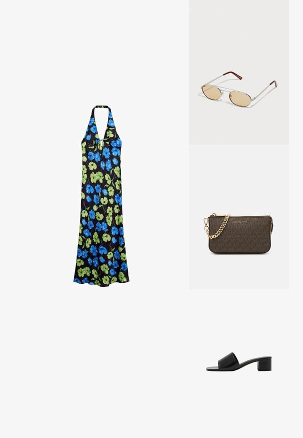 Halterkleid aus leichtem Stoff, mit schwarzem Hintergrund und blauen sowie grünen Blumenmustern, knielang mit lockerer Passform.; Schwarze Leder-Sandale mit offenem Zehenbereich, breitem Riemen und solidem Blockabsatz. Sie zeichnet sich durch eine glatte Textur und ein minimales Design aus.; Metallsonnenbrille mit ovalen, hellbraun getönten Gläsern. Schlanker silberner Rahmen mit strukturierten Akzenten und rötlich-braunen Spitzen an den Bügeln.; Braune Leder-Crossbody-Tasche mit Logo-Muster, goldener Kettenriemen, Reißverschlussverschluss und goldenen Hardware-Details. Kompakte und rechteckige Form.