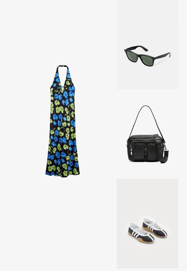 Robe à col halter en tissu léger, présentant un fond noir avec des motifs floraux bleus et verts, de longueur mi-longue et d'une coupe décontractée.; Baskets de sport noir et blanc au design élégant, semelle en caoutchouc, fermeture à lacets et trois rayures blanches sur les côtés.; Lunettes de soleil en plastique noir avec verres verts, monture carrée, accent argenté sur le sourcil et branches texturées. Marque indiquée sur l'intérieur de la branche.; Sac en cuir noir à bandoulière avec deux poches zippées à l'avant, une forme structurée, une bandoulière réglable et une surface texturée.
