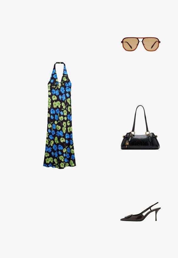 Halterkleid aus leichtem Stoff, mit schwarzem Hintergrund und blauen sowie grünen Blumenmustern, knielang mit lockerer Passform.; Schwarzer Lackleder-Slingback-Schuh mit spitzem Zehenbereich, minimalistischem Design, kleinem kreisförmigem Akzent auf dem Schuhoberteil und schlankem Absatz.; Braune achteckige Sonnenbrille mit einem transparenten, bernsteinfarbenen Rahmen und braun getönten Gläsern. Verfügt über eine Metallverzierung am Steg und schlanke Bügel.; Schwarze Ledertasche mit glatter Textur, runder Form, goldenen Hardware-Akzenten und zwei Griffen. Mit einem dekorativen Schloss an der Seite.