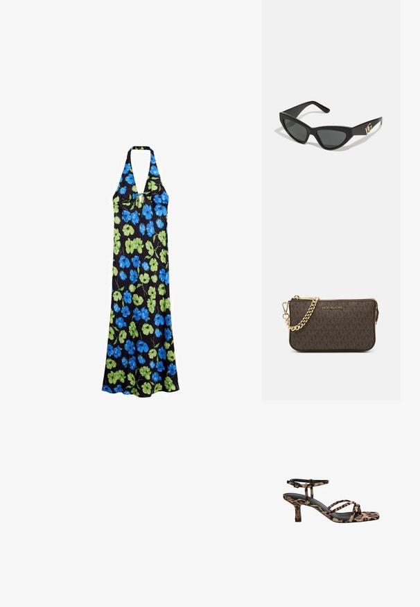 Halterkleid aus leichtem Stoff, mit schwarzem Hintergrund und blauen sowie grünen Blumenmustern, knielang mit lockerer Passform.; Leopardenmuster Absatzsandalen mit Quadratzehen, mehreren Riemen und einem mittelhohen Absatz. Hergestellt aus weichem Textilmaterial.; Cat-Eye-Sonnenbrille mit mattem schwarzen Kunststoffrahmen, dunklen Gläsern und einem goldenen Logoplatz auf dem Bügel. Winkeliges Design und glatte Oberfläche.; Braune Leder-Crossbody-Tasche mit Logo-Muster, goldener Kettenriemen, Reißverschlussverschluss und goldenen Hardware-Details. Kompakte und rechteckige Form.