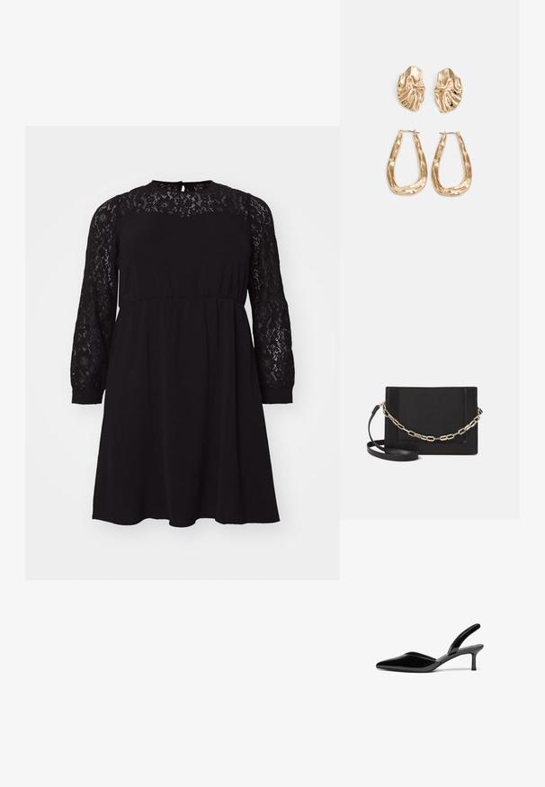 Vestido preto com um sobrepano de renda nas mangas longas, gola redonda e uma cintura elástica, apresentando uma silhueta solta e fluida.; Sapatilhas de salto slingback em couro sintético preto com bico fino, salto stiletto baixo e um design elegante e simples, sem embellishments.; Bolsa crossbody de couro preto com uma textura suave, forma retangular e um detalhe em corrente metálica na frente. Inclui uma alça ajustável.; Brincos em tom de ouro com formas onduladas e texturizadas. Inclui studs escultóricos com presilha e um design de argola aberta com um acabamento martelado.