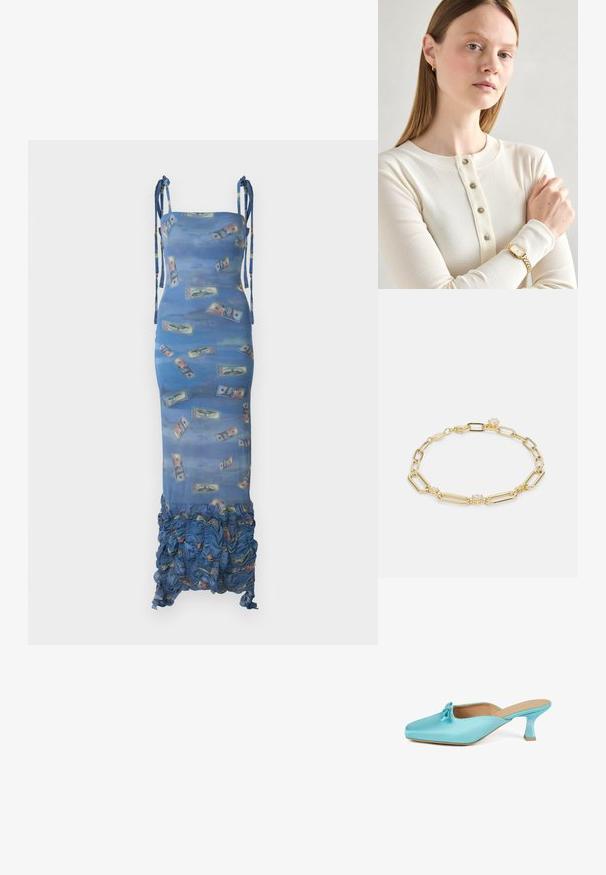 AVAVAV LONG SMOCK DRESS - Maksi garuma kleita - blue; Akvamāls satīna mūlis ar kvadrātu purngalu, akcentētu loku detaļu un īsu, masīvu papēdi. Gluda tekstūra un minimālistisks dizains.; Krēmkrāsas ribiņu garām piedurknēm blūze ar piecu pogu aizdari. Modelis valkā zelta pulksteni ar kvadrātveida ciparnīcu un ķēdes stila siksniņu.; Zelta ķēdes aproce ar izstieptām saites, caurspīdīgu dārgakmeņu akcentiem un omāra tipa aizdari, ar gludu, spīdīgu virsmu.