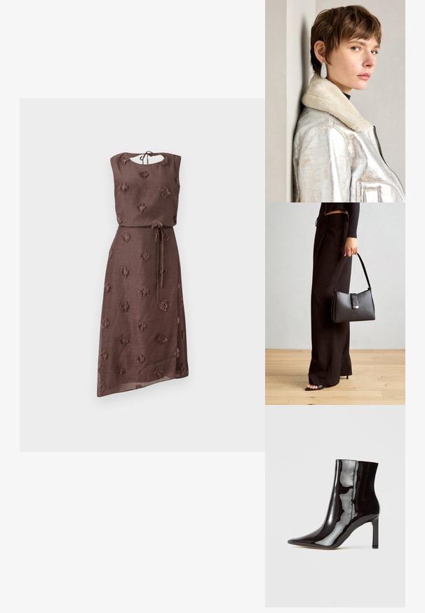 Brun kjole laget av teksturert stoff med broderte blomsterdesign, rund hals med bakbånd og innsnevret midje med belte.; Svart patent lær ankelsko med spiss tå og slank silhuett. Har en stilettohæl og glatt tekstur.; Svart håndveske med strukturert form, jevn tekstur og metallisk lås. Kombinert med brede svarte bukser og sandaler med åpen tå på tregulv.; Sølvmetallisk lærjakke med lammeskinnskrage, med glidelås og strukturert overflate. Store dråpeformede øredobber med klare edelstener.