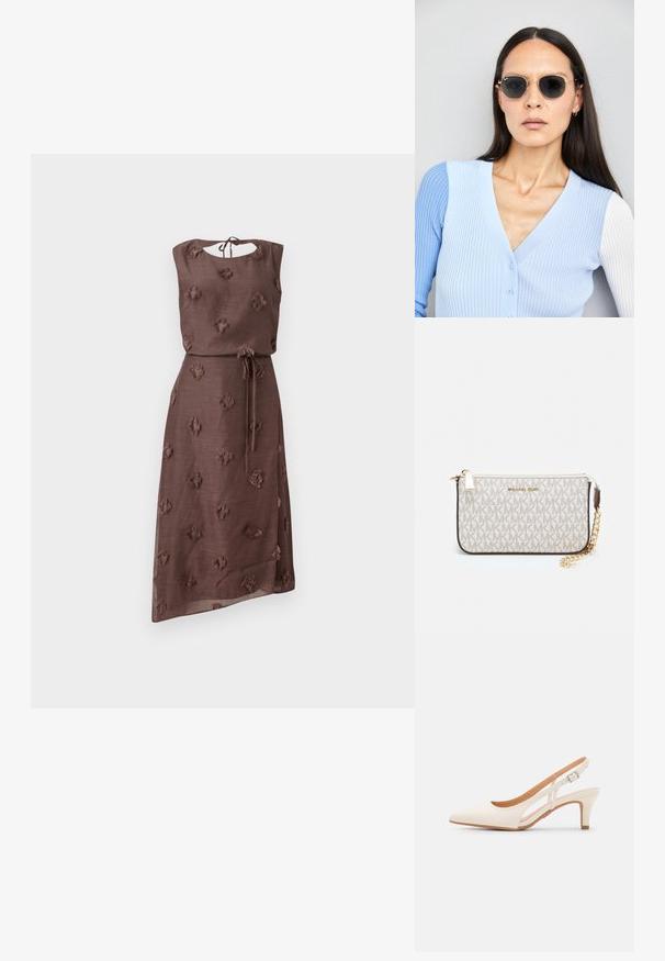 Ruskea mekko, joka on valmistettu teksturoidusta kankaasta ja jossa on kirjailtuja kukkakuoseja, pyöreä pääntie takana soljella, sekä kireä vyötärö vyöllä.; Valkoinen slingback-korkokenkä, jossa on terävä kärki, sileä päällismateriaali, matala lohkokorko ja sivuaukko-design säädettävällä soljella.; Pyöreät aurinkolasit, joissa on tummat linssit ja kultaiset kehykset. Mallilla on päällään vaaleansininen, ribatusta materiaalista valmistettu neuletakki, jossa on napit ja kontrastiväriset valkoiset hihat.; Michael Kors kääröbeige pinnoitettua kangasta, jossa on toistuva MK-logo -kuvio, kultaiset yksityiskohdat ja irrotettava ketjuhihna.