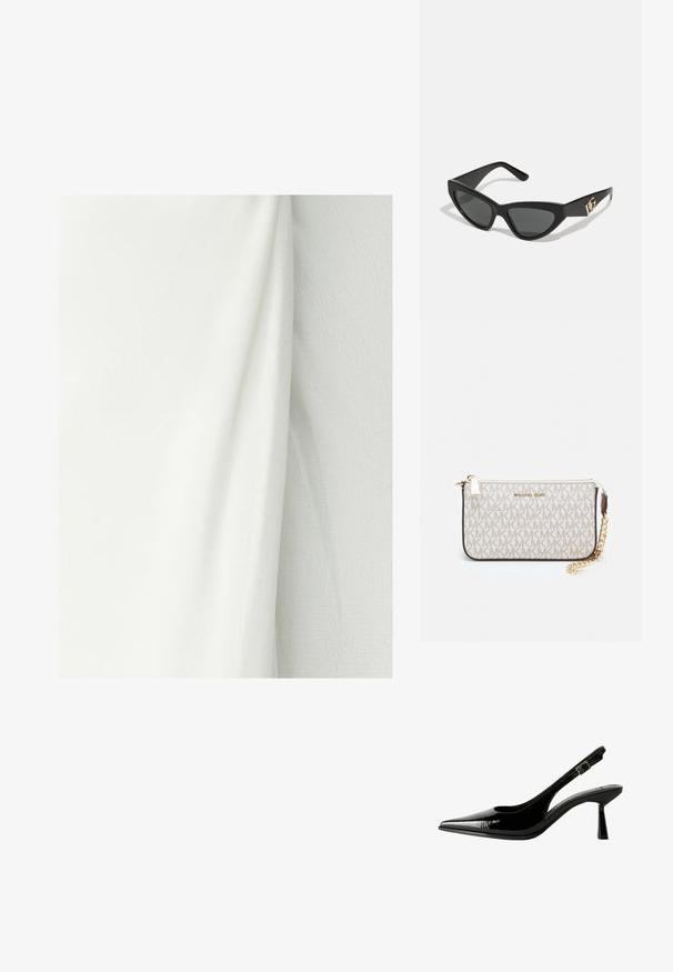 Bílá látka s texturovaným povrchem, ukazující jemné záhyby a sklady. Materiál vypadá lehce a hladce.; Černé lakované kožené lodičky na podpatku s špičatou špičkou, výřezy na stranách, nastavitelným páskem kolem kotníku a tenkým, elegantním podpatkem.; Sunglasses ve tvaru kočičích očí s matným černým plastovým rámem, tmavými skly a zlatým logem na stranu. Úhlový design a hladká textura.; Kabelka na zápěstí Michael Kors v béžové potažené plátno s opakujícím se vzorem loga MK, zlatými kovovými doplňky a odnímatelným řetízkovým popruhem.