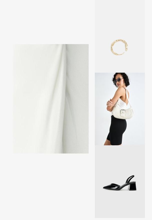 Biely textil s textúrovaným povrchom, ktorý vykazuje jemné záhyby a záhyby. Materiál sa zdá byť ľahký a hladký.; Čierne lakované kožené sandálové podpätky s špicatou špičkou a geometrickým blokovým podpätkom. Disponujú elegantným, minimalistickým dizajnom a hladkým povrchom.; Biely kožený kabelka s zakriveným tvarom, nastaviteľným popruhom a malým detailom pracky. Model nosí priliehavý čierny outfit.; Prsteň v zlatej farbe s organickým, skrúteným dizajnom, hladkým povrchom a zužujúcimi sa koncami, vytvárajúci moderný, sochársky vzhľad.