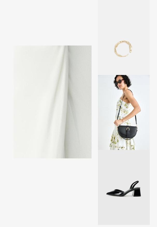 Bijela tkanina s teksturiranim površinama, koja prikazuje blage nabore i nabore. Materijal izgleda lagano i glatko.; Crne lakirane kožne sandale s otvorenom petom i špicastim vrhom, s geometrijskom blok petom. Imaju elegantan, minimalistički dizajn i glatku teksturu.; Crna kožna torba s lukovitim oblikom, odvojivim remenom i zlatnim detaljima. Torba ima preklop s kopčom.; Prsten u zlatnoj nijansi s organskim, uvijenim dizajnom, glatkom teksturom i suženim krajevima, koji stvara moderan, skulpturalni izgled.