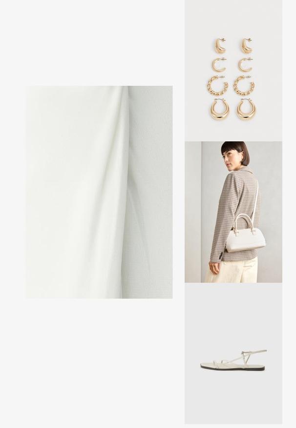 Hvidt stof med en tekstureret overflade, der viser bløde folder og draperinger. Materialet fremstår letvægts og glat.; Beige flad sandal med flere slanke stropper og en justerbar spænde. Sålen er flad med en let mørkere kontrast ved kanten.; Hvid struktureret taske med korte håndtag og en skulderrem, prydet med guldfarvede hardwaredetaljer og tekstureret materiale, præsenteret mod en grå baggrund.; Sæt af fem guldøreringe med forskellige designs: snoede, ribbede og glatte overflader i hoop- og halvmåneformer.