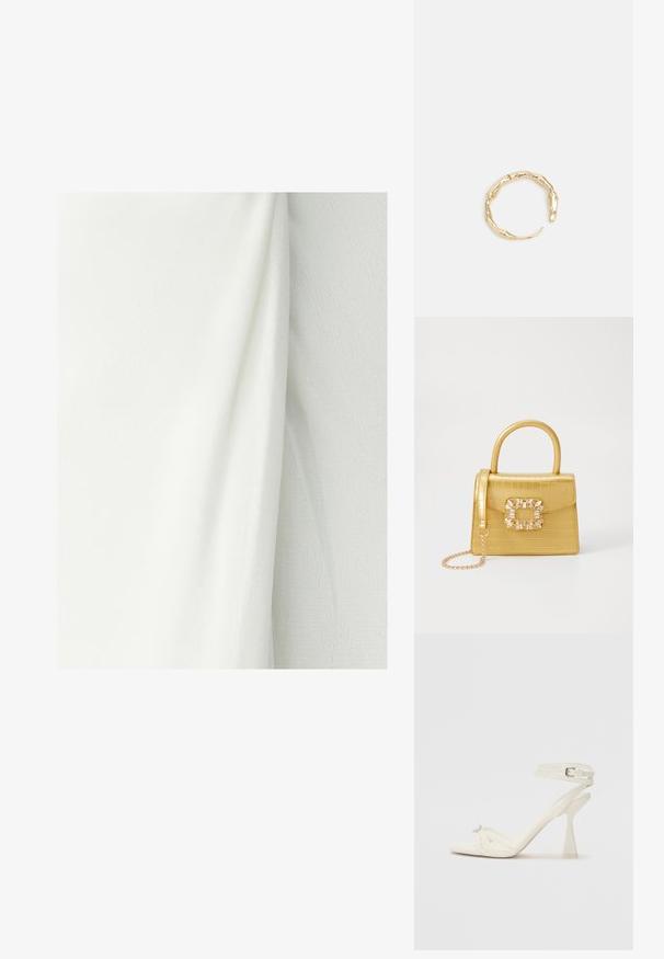 Hvidt stof med en tekstureret overflade, der viser bløde folder og draperinger. Materialet fremstår letvægts og glat.; Sandal med høj hæl i hvid læder med et elegant design, en transparent blokhæl og et dekorativt element ved tåen.; Gul faux-krokodille skuldertaske med struktureret design, top-håndtag, aftagelig kædetraske og dekorativ krystaldekoration på låsen.; Guld-tone ring med et organisk, snoet design, glat overflade og affasede ender, hvilket skaber et moderne, skulpturelt udseende.
