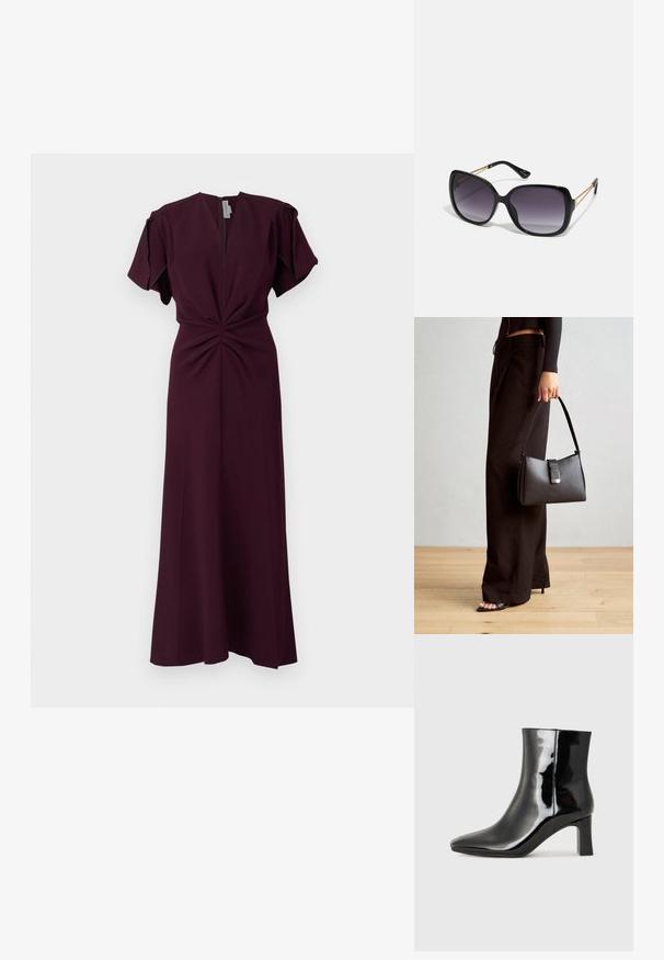 Burgundijas maksi kleita ar īsām piedurknēm, dziļu V-formas dekoltē un krokotām priekšējām detaļām. Izgatavota no gludas, vieglas auduma.; Melnas patentētas ādas potīšu zābaki ar norādītu pirkstu un vidēja augstuma kvadrātveida papēdi. Gluda tekstūra un minimālisma dizains.; Melni pārmērīgi lieli saulesbrilles ar gradāciju lēcām, biezām rāmja malām un zeltainas krāsas ķēžu detaļām uz tempļiem.; Melnā somiņa ar strukturētu formu, gludu tekstūru un metālu sprādzi. Saskaņota ar platām melnām biksēm un sandālēm ar atvērtu purngalu uz koka grīdas.