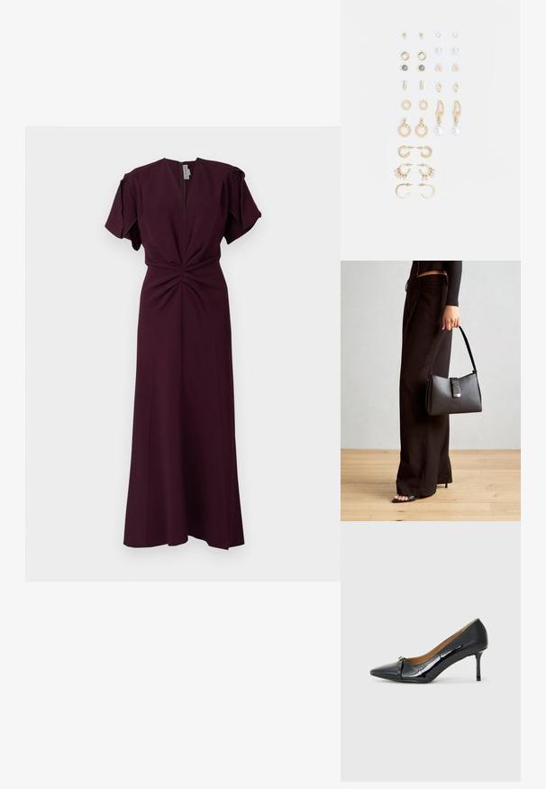 Burgundská maxi šaty s krátkymi rukávmi, hlbokým V-výstrihom a skladaným detailom vpredu. Vyrobené z hladkej, ľahkej látky.; Čierna lakovaná vysoká podpätková topánka s ostrým špičkou, dekoratívnym remienkom vpredu a tenkým stiletto podpätkom.; Čierna kabelka so štruktúrovaným tvarom, hladkou textúrou a kovovou sponou. V kombinácii so širokými čiernymi nohavicami a sandálmi s otvorenou špičkou na drevenej podlahe.; Súprava náušníc v zlatom odtieni obsahujúca rôzne dizajny, vrátane puzetových, kruhových a visiacich kúskov s perlami a rhinestones.