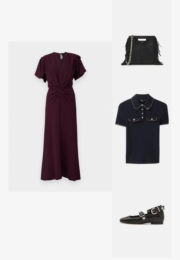 Burgundská maxi šaty s krátkými rukávy, hlubokým výstřihem do V a plisovaným předním detailem. Vyrobeno z hladkého, lehkého materiálu.; Námořnicky modrý žebrovaný polo tričko s špičatým límcem, krátkými rukávy a dvěma předními kapsami se zacvakávacími knoflíky; zvýrazněné bílými švy.; Černé lakované baleríny se čtveratou špičkou, nártní přezkou s stříbrným kováním a plochou podrážkou. Hladká textura s minimalistickým designem.; Černá kožená kabelka s třásněmi, zlatým řetízkovým ramenním popruhem a rukojetí s výřezem. Na přední straně se nachází logo.