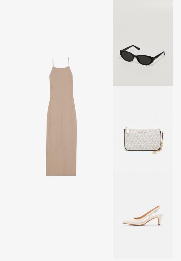 Bež sunčana maxi obleka z tankimi naramnicami in ravno silhueto, ki se ponaša z gladko teksturo in minimalističnim dizajnom.; Bela slingback peta z ostrim nosom, gladka zgornja prevleka, nizka blok peta in zasnova z stranskimi izrezi ter nastavljivim trakom z zaponko.; Črne sončne očala z ozko obliko mačjih oči. Narejena iz gladkega plastike, z temnimi lečami in diskretnimi logotipnimi akcenti na ušesih.; Michael Kors denarnica v bež lakiranem platnu z mišičnim vzorcem ponavljajočega se logotipa MK, z zlatim okovjem in snemljivo verižico.