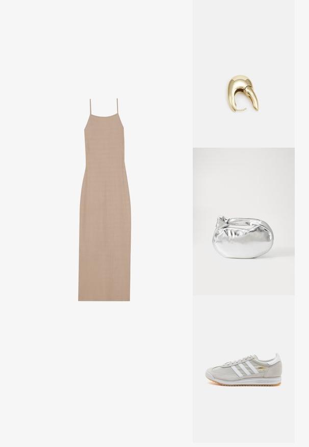 Robe maxi beige côtelée avec de fines bretelles spaghetti et une silhouette droite, présentant une texture lisse et un design minimaliste.; Basket en cuir suédé et mesh gris clair, avec trois bandes blanches, bout rond et semelle en caoutchouc naturel. Accent logo doré près des lacets.; Pochette en métal argenté avec une forme douce et arrondie et un fermoir en haut noué. Fabriquée en simili cuir lisse.; Boucle d'oreille en métal doré avec un design élégant et courbé. Présente une forme conique distinctive, une surface polie et une fermeture à charnière.