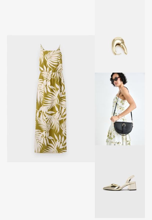 Maxikjole i olivengrønn stoff med hvitt palmebladmønster, spaghetti-stropper og elastisk midje for en fitted silhuett.; Gull, metallisk slingback-hæler med spiss tå og chunky hæl. Glatt tekstur, minimalistisk design og en smal stropp.; Svart lærveske med en buet form, avtagbar stropp og gullbeslag. Vesken har et klaff med spenne-detall.; Gullfarget metalløredobber med et elegant, buet design. Har en karakteristisk spiss form, polert overflate og hengsel-lukking.