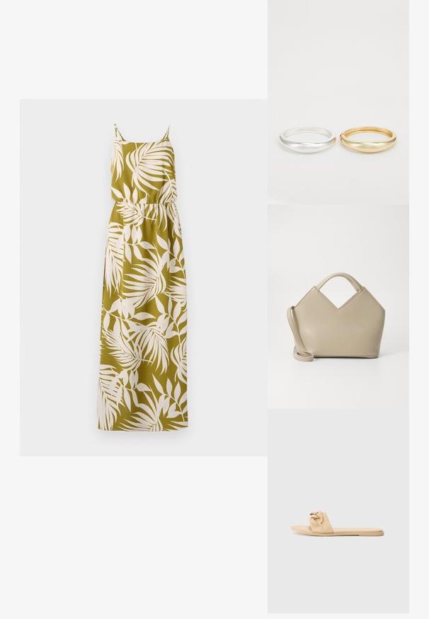 Vestido maxi em tecido verde-oliva com padrão de folhas de palmeira brancas, alças finas e cintura elástica para uma silhueta ajustada.; Chinelos nus feitos de material sintético liso, com design de tira atada e sola plana, sem hardware ou detalhes visíveis.; Bolsa estruturada bege com um topo em forma de V, material de couro liso, alças curtas e uma alça longa ajustável. Design minimalista.; Zign 2 PACK - Pulseira - gold-coloured/silver-coloured