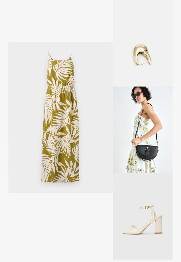 Maxi obleka iz olivno zelene tkanine z belim vzorcem palmovih listov, z naramnicami na spagete in elastičnim pasom za prilegajočo silhueto.; Sandali s peto v kremni barvi, z odprtim prstom, debelim blokastim petam, tankim gležnjarjem in subtilnim sijajem. Zaponka na traku.; Črna usnjena torbica s ukrivljeno obliko, z odstranljivo naramnico in zlatimi dodatki. Torbica ima pokrov s podrobnostmi v obliki zaponke.; Uhane nakit iz zlatastega tona z gladko, ukrivljeno zasnovo. Ima edinstveno koničasto obliko, polirano površino in zaponko s tečajem.