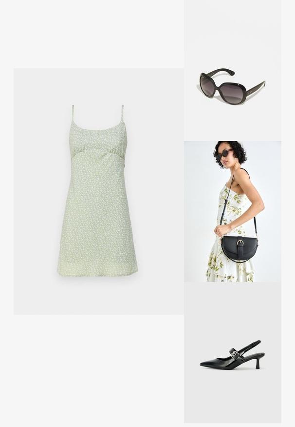 Cvjetna haljina na bretele u svijetlozelenoj boji s uskim tijelom i tankim trakama. Sadrži male bijele cvjetove po cijeloj površini. Glatka tekstura, do koljena.; Crne lakirane slingback potpetice s oštrim prstom i malom blok petom, s naglaskom na srebrnoj kopči na remenu.; Crne sunčane naočale s prevelikim, zaobljenim okvirom. Stakla se postepeno prelijevaju od tamne do svijetle nijanse. Imaju elegantan, sjajan završetak i suptilne logotipne naglaske na stablima.; Crna kožna torba s lukovitim oblikom, odvojivim remenom i zlatnim detaljima. Torba ima preklop s kopčom.