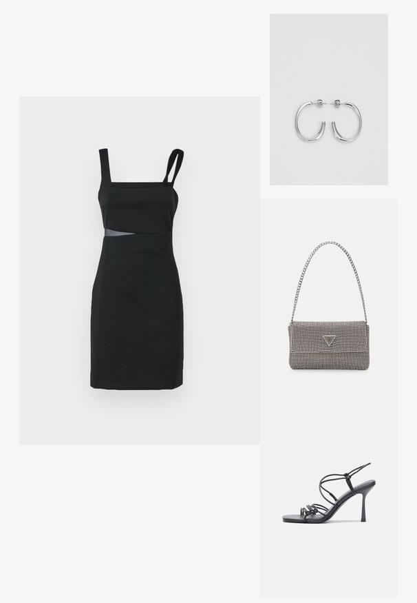 Musta mekko neliönmuotoisella pääntiellä, yhdellä säädettävällä olkaimella, vartalonmyötäinen muotoilu, teksturoitu vyötärö ja sileä kangas.; Mustat korkokengät sandaalit, joissa on ohuet hihnat solmittuna, sileä neliön muotoinen varvasosa ja tyylikäs stiletto-korko.; Vaalea harmaa metallinen käsilaukku, jossa on ketjusanka. Laukku on koristeltu pienillä pyöreillä metallikoruilla ja kolmion muotoisella brändilogolla.; Hopehopeet hopehopeet hopehopeet hopehopeet, jolla on sileä, kiiltävä pinta. Pyöreä muoto, kevyt rakenne, jossa on neulakiinnitys.