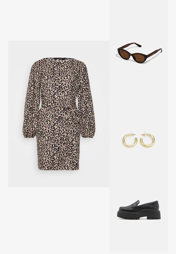 Rochie cu imprimeu de leopard, cu mâneci lungi și puffate, talie ajustată și detaliu cu fundă. Fabricată dintr-un material moale, cu o paletă de culori bej și negru.; Loaferi negri din piele cu o talpă din cauciuc joasă și groasă, detalii cusute pe partea superioară și o textură netedă.; Ochelari de soare tortoiseshell maronii cu o formă retro de ochi de pisică și lentile maronii. Au brațe curbate cu accente roșii.; Cercei cercuri din aur cu un finisaj neted și strălucitor. Design circular cu un mic suport și un spate transparent pentru o purtare sigură.