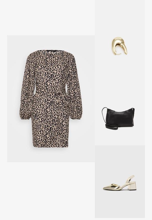 Leopard-print dress with long puffed sleeves, cinched waist, and tie detail. Made from a soft fabric with a beige and black color scheme.; Gold, metallic slingback heels with a pointed toe and chunky heel. Smooth texture, minimalistic design, and a narrow strap.; Black leather shoulder bag with a smooth texture, curved shape, adjustable strap, and a zip closure. Minimalist design without embellishments.; Gold-tone metal earring with a sleek, curved design. Features a distinctive pointed shape, polished surface, and hinge closure.