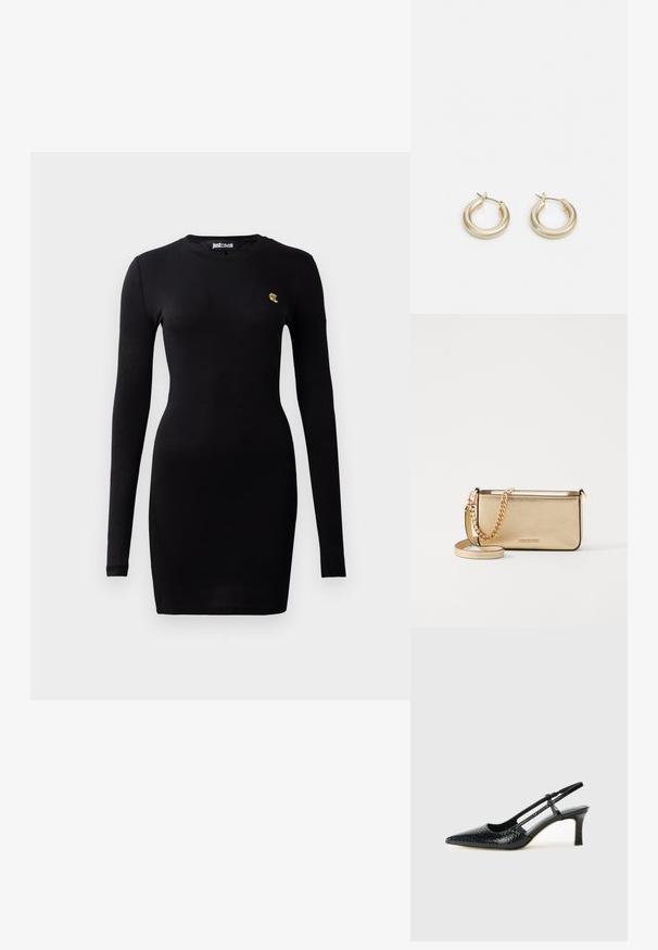 Svart långärmad klänning i mjukt bomullsmaterial. Har en figurnära design och en liten guldlogotyp på bröstet.; Svart lackskin slingback-häl med spetsig tå, med texturerad ormskinnsprint, justerbar rem och en kort, texturerad blockklack.; Metallich guld läderklutch med en texturerad yta, utrustad med en guld kedjestropp och en avtagbar axelrem. Varumärkeslogotyp präglad.; Lauren Ralph Lauren BASIC SMALL HOOP - Örhänge - gold-coloured