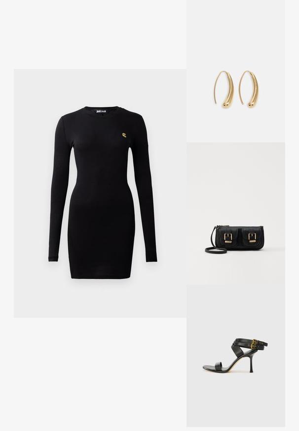 Rochie neagră cu mânecă lungă, realizată dintr-un material de bumbac moale. Oferă un design ajustat și un logo mic aurit pe piept.; Sandalie negre cu toc, cu curele încrucișate și cataramă ajustabilă. Prezintă o textură netedă și un toc stiletto conic.; Geantă neagră din piele, tip crossbody, cu două buzunare frontale, catarame aurii, închidere cu fermoar și o curea subțire. Suprafață texturată și formă rectangulară compactă.; Cercei din metal auriu, cu un design curbat și alungit. Au o suprafață netedă și strălucitoare, cu un vârf rotunjit pentru un detaliu suplimentar.