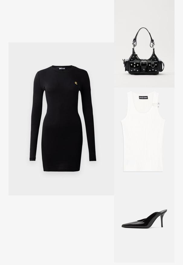 Juodas ilgas rankovės suknelė, pagaminta iš minkštos medvilnės medžiagos. Pasižymi prigludusia estilo dizainu ir mažu auksiniu logotipu krūtinėje.; Balta raibuotas marškinėliai be rankovių su apvalia iškirpte ir metaliniu akcentu ant peties. Minkšta tekstūra, prigludęs dizainas ir be rankovių stilius.; Juodas lakinės odos aukštakulnis sandalai su smailiu nosiu ir elegantiška siluetu, turintys atvirą nugarą ir ploną stiletą.; Juodas odinis rankinukas su kreiviu dizainu, su sidabro spalvos knopkėmis, užsegimu ir dviem šoninėmis kišenėmis. Reguliuojama dirželis nešimui.